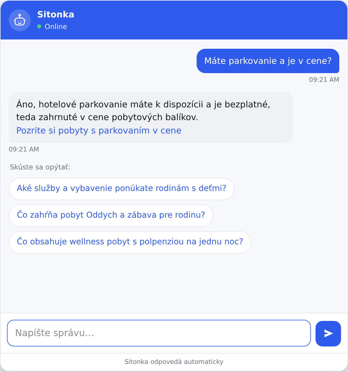 Chatbot odpovedá návštevníkovi webu